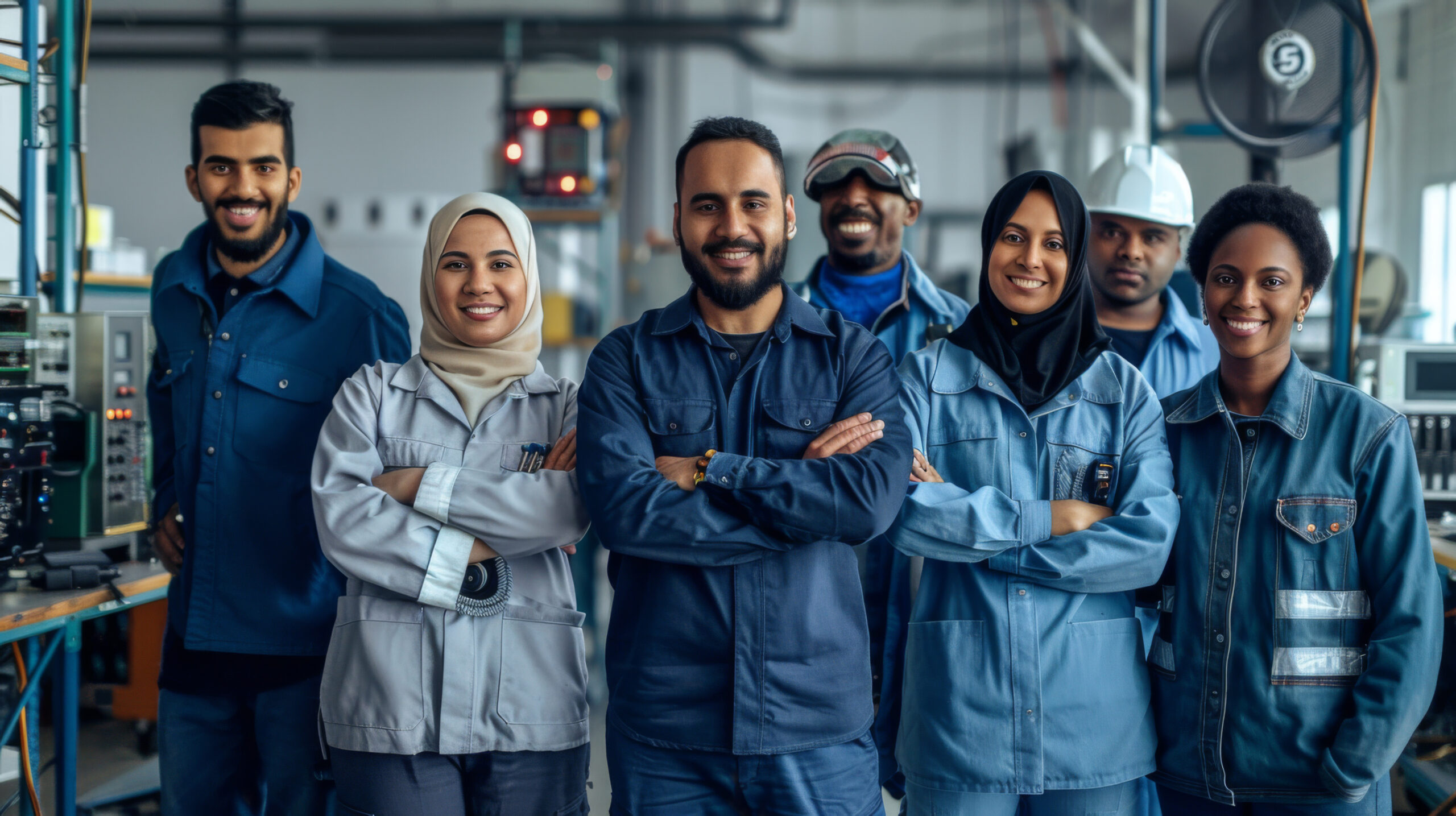 A group of electricians from diverse backgrounds posing together with happy faces for a photoshoot inside an electronic lab in the afternoon. The lab is filled with various electronic equipment, tools, and circuit boards, creating a backdrop of technical intricacy. The electricians, wearing their work uniforms and protective gear, stand proudly together, their camaraderie evident in their smiles and relaxed postures. Sunlight streams through the windows, adding a warm glow to the scene and highlighting the vibrant energy of the group. Each electrician's unique features and cultural backgrounds are beautifully captured, showcasing unity in diversity. Studio lighting, Natural afternoon light --ar 16:9 Job ID: a846a0db-6a55-4304-9046-92a740d04fa8